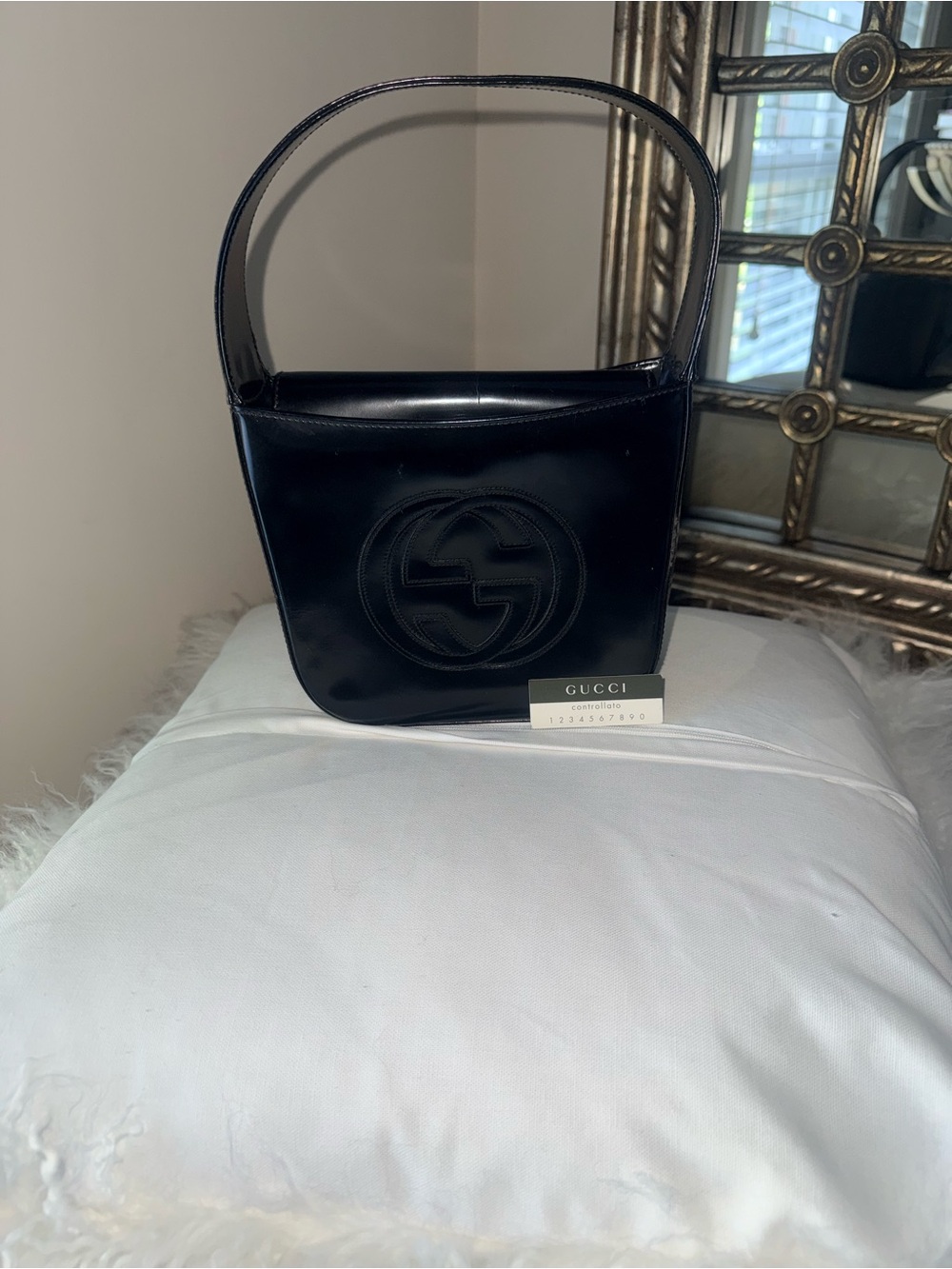 VTG Gucci Black Patent Leather Shoulder Bag Tom Ford Top Handle Hobo Purse📝